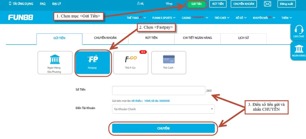 Nạp Tiền FUN88 Chuyển tiền Nhanh
